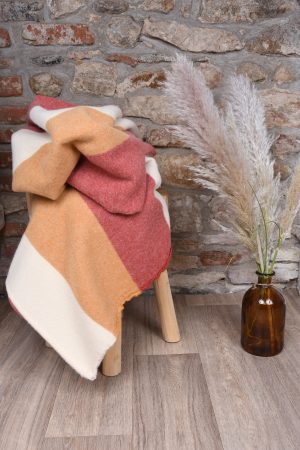 plaid en laine recyclee large rayure rouge orange ecru