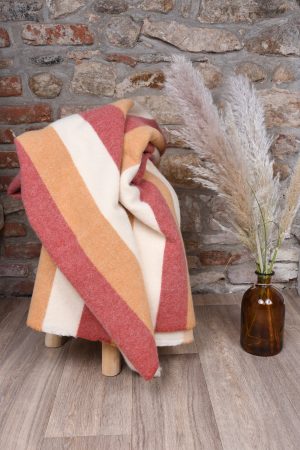 plaid en laine recyclee large rayure rouge orange ecru