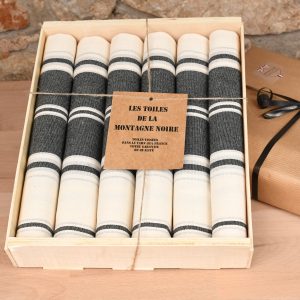 coffret cadeau 6 serviettes de table rayés noir et blanc
